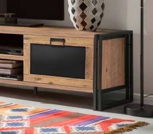 Mobile porta TV Luban, Credenza da soggiorno, Armadio basso per TV, Base parete attrezzata, 180x45h50 cm, Quercia e Nero