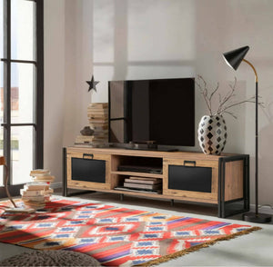 Mobile porta TV Luban, Credenza da soggiorno, Armadio basso per TV, Base parete attrezzata, 180x45h50 cm, Quercia e Nero