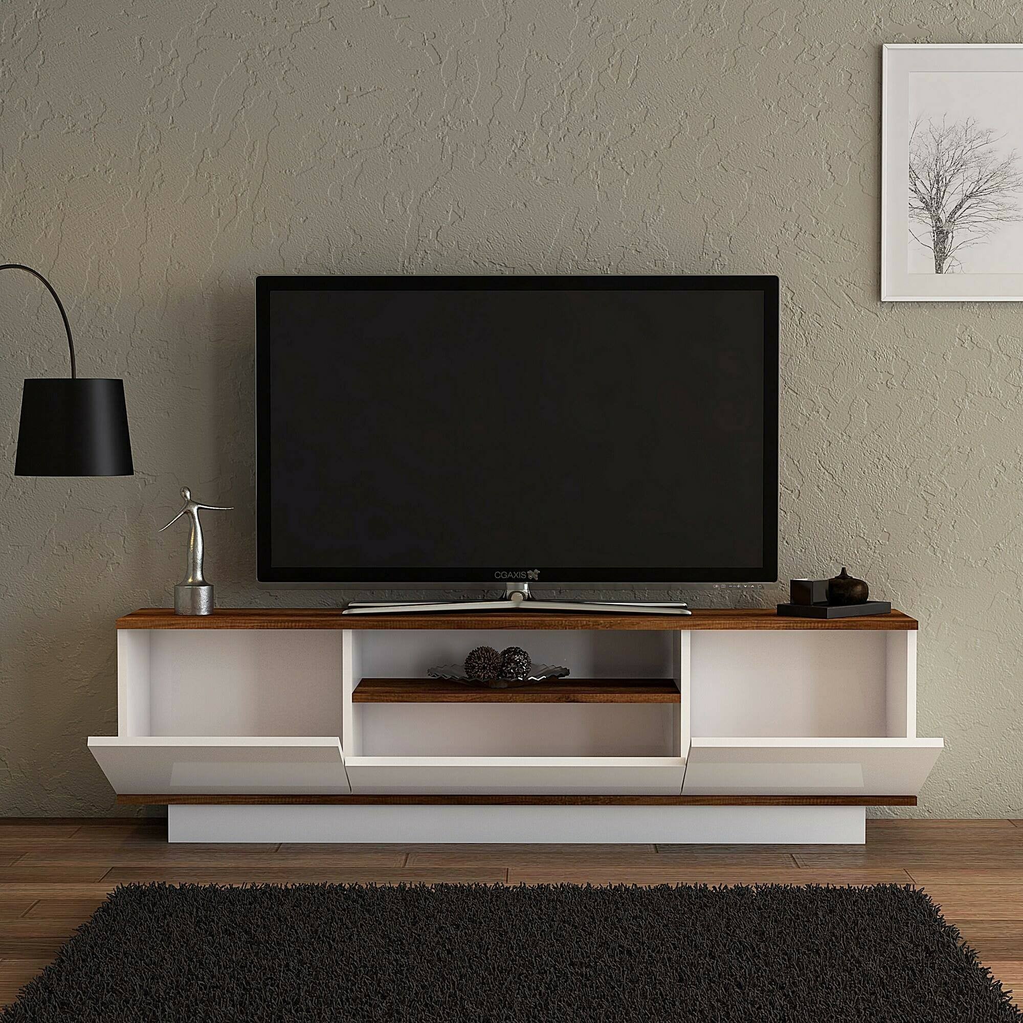 Mobile porta TV Fortunata, Credenza da soggiorno, Armadio basso per TV, Base parete attrezzata, 160x30h45 cm, Noce e Bianco