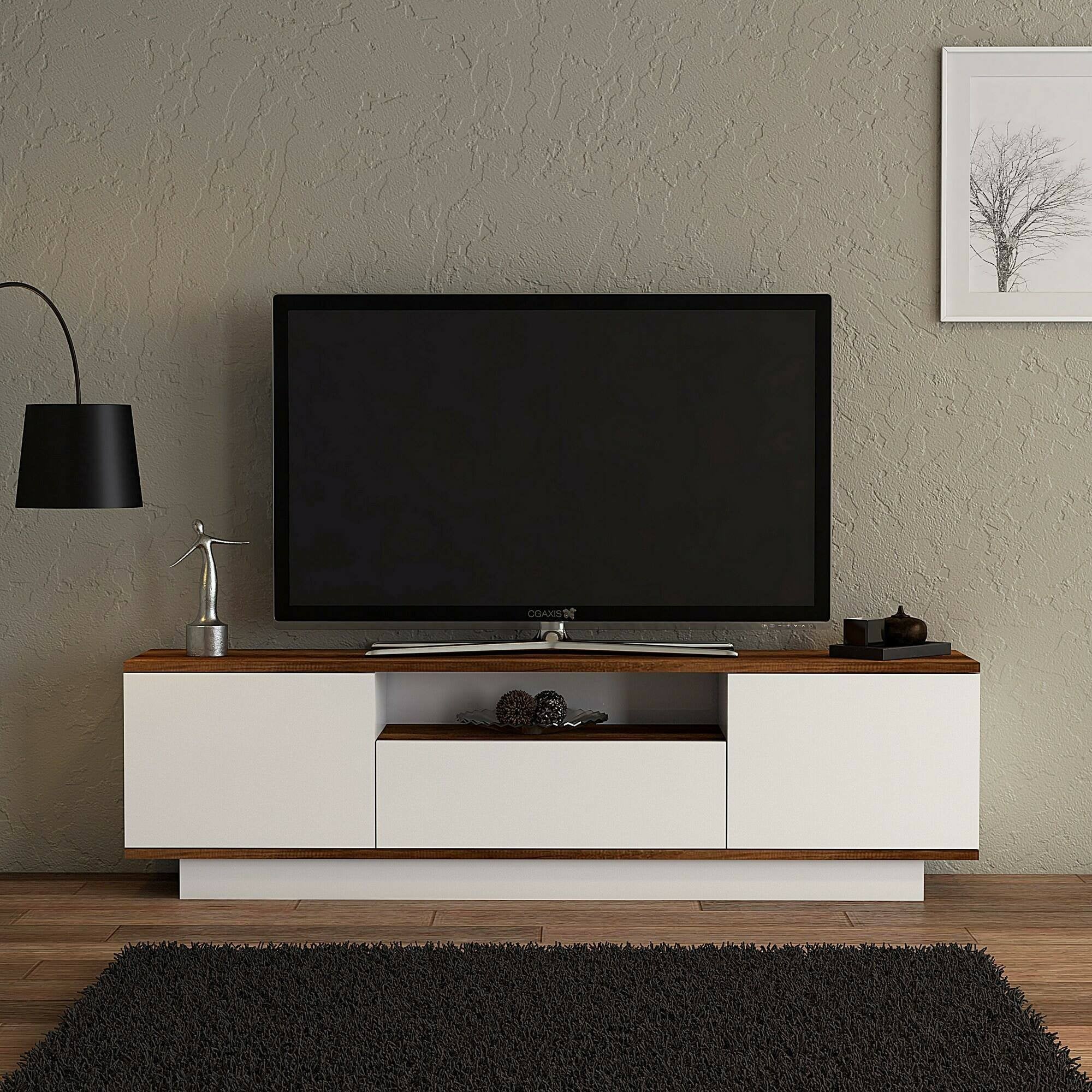 Mobile porta TV Fortunata, Credenza da soggiorno, Armadio basso per TV, Base parete attrezzata, 160x30h45 cm, Noce e Bianco