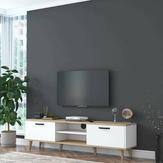 Mobile porta TV Messalina, Credenza da soggiorno, Armadio basso per TV, Base parete attrezzata, 180x35h49 cm, Bianco e Noce