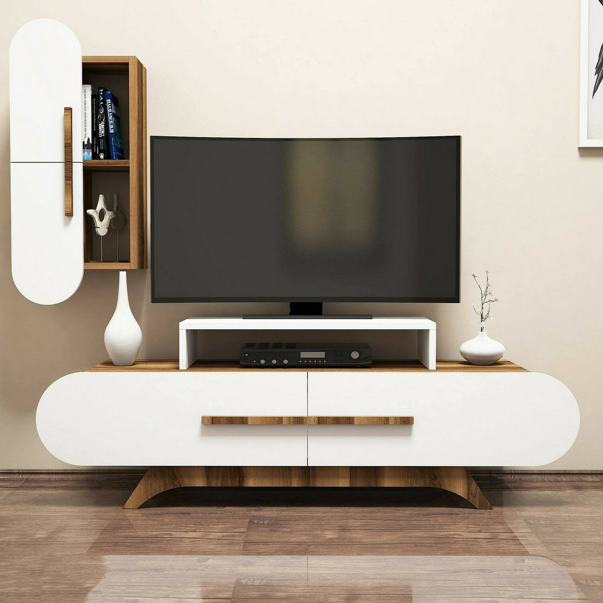 Parete attrezzata Ifigenia, Composizione soggiorno, Mobile salotto multiuso, Armadio porta TV, 145x37h50 cm, Noce e Bianco