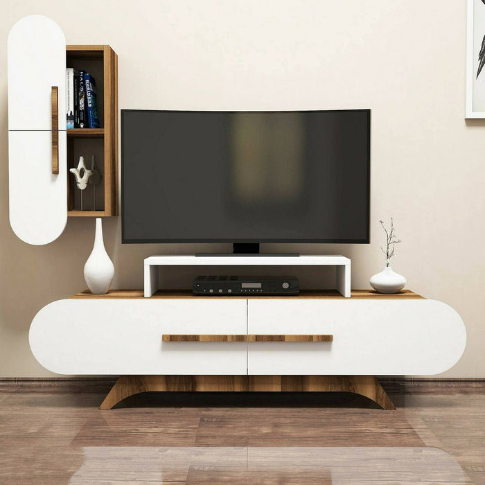 Parete attrezzata Ifigenia, Composizione soggiorno, Mobile salotto multiuso, Armadio porta TV, 145x37h50 cm, Noce e Bianco