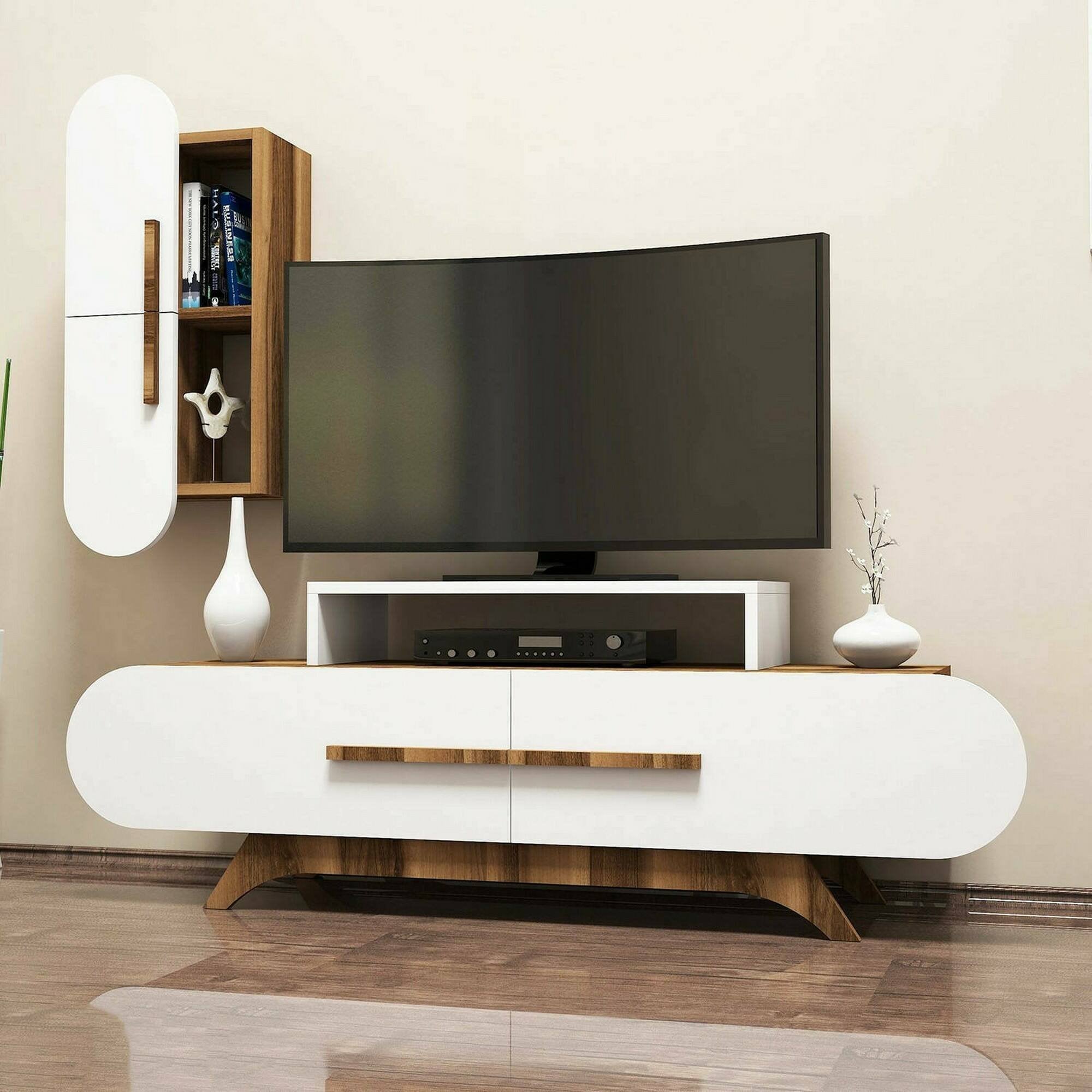 Parete attrezzata Ifigenia, Composizione soggiorno, Mobile salotto multiuso, Armadio porta TV, 145x37h50 cm, Noce e Bianco