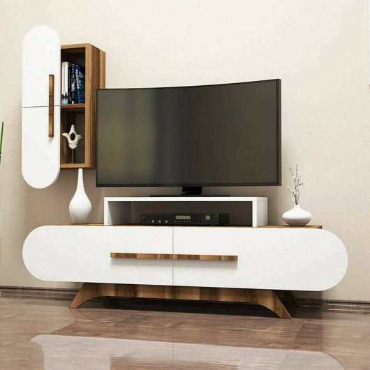 Parete attrezzata Ifigenia, Composizione soggiorno, Mobile salotto multiuso, Armadio porta TV, 145x37h50 cm, Noce e Bianco