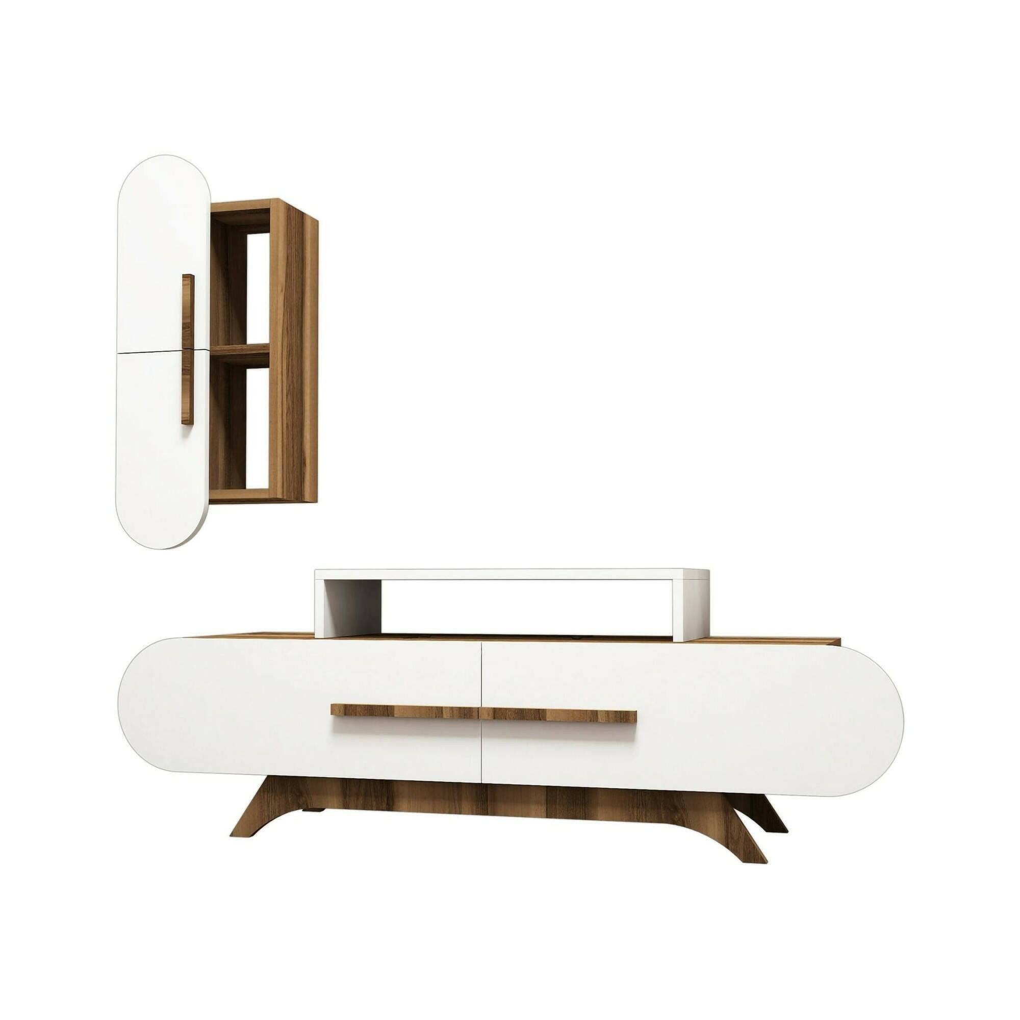 Parete attrezzata Ifigenia, Composizione soggiorno, Mobile salotto multiuso, Armadio porta TV, 145x37h50 cm, Noce e Bianco