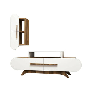 Parete attrezzata Ifigenia, Composizione soggiorno, Mobile salotto multiuso, Armadio porta TV, 145x37h50 cm, Noce e Bianco