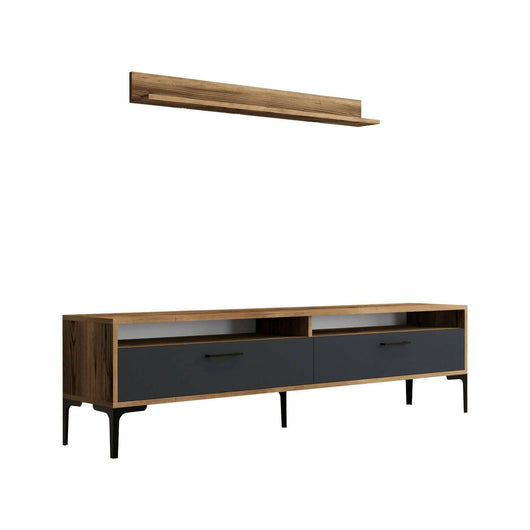 Parete attrezzata Oho, Composizione soggiorno, Mobile salotto multiuso, Armadio porta TV, 180x35h47 cm, Noce e Antracite