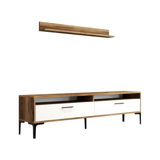 Parete attrezzata Oho, Composizione soggiorno, Mobile salotto multiuso, Armadio porta TV, 180x35h47 cm, Noce e Bianco