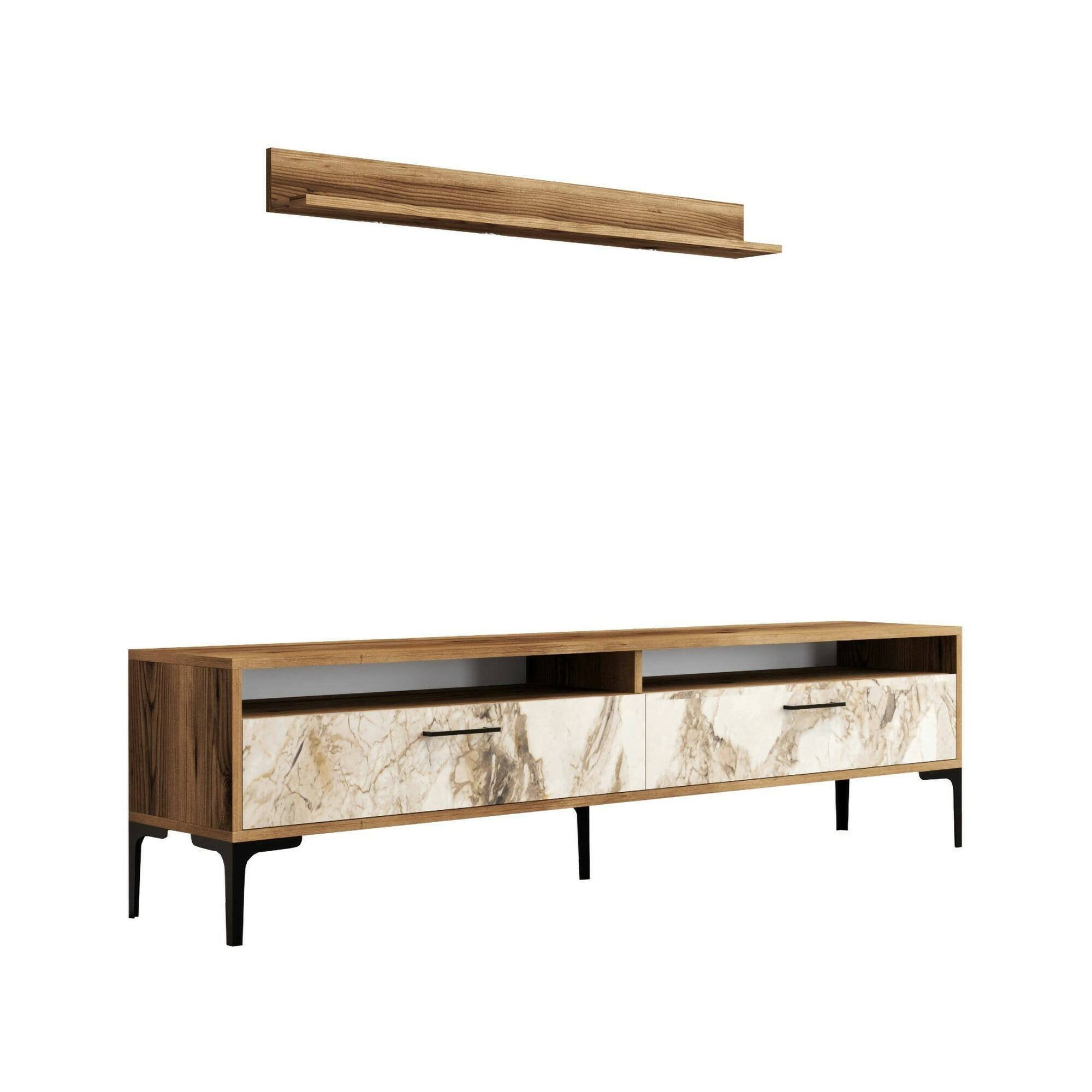 Parete attrezzata Oho, Composizione soggiorno, Mobile salotto multiuso, Armadio porta TV, 180x35h47 cm, Noce e Bianco Marmo