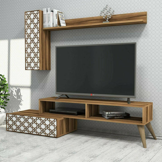 Parete attrezzata Ardara, Composizione soggiorno, Mobile salotto multiuso, Armadio porta TV, 150x37h38 cm, Noce e Bianco