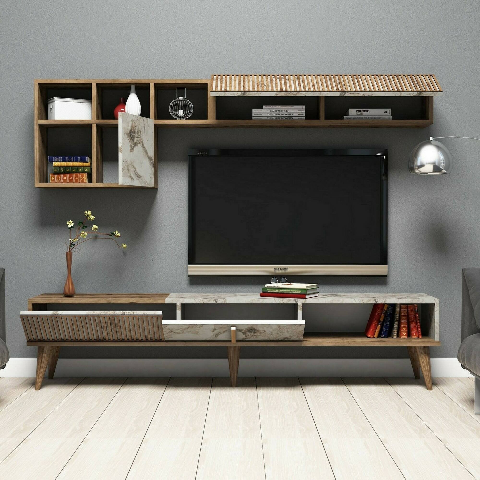 Parete attrezzata Ostro, Composizione soggiorno, Mobile salotto multiuso, Armadio porta TV, 180x35h40 cm, Noce e Bianco Marmo