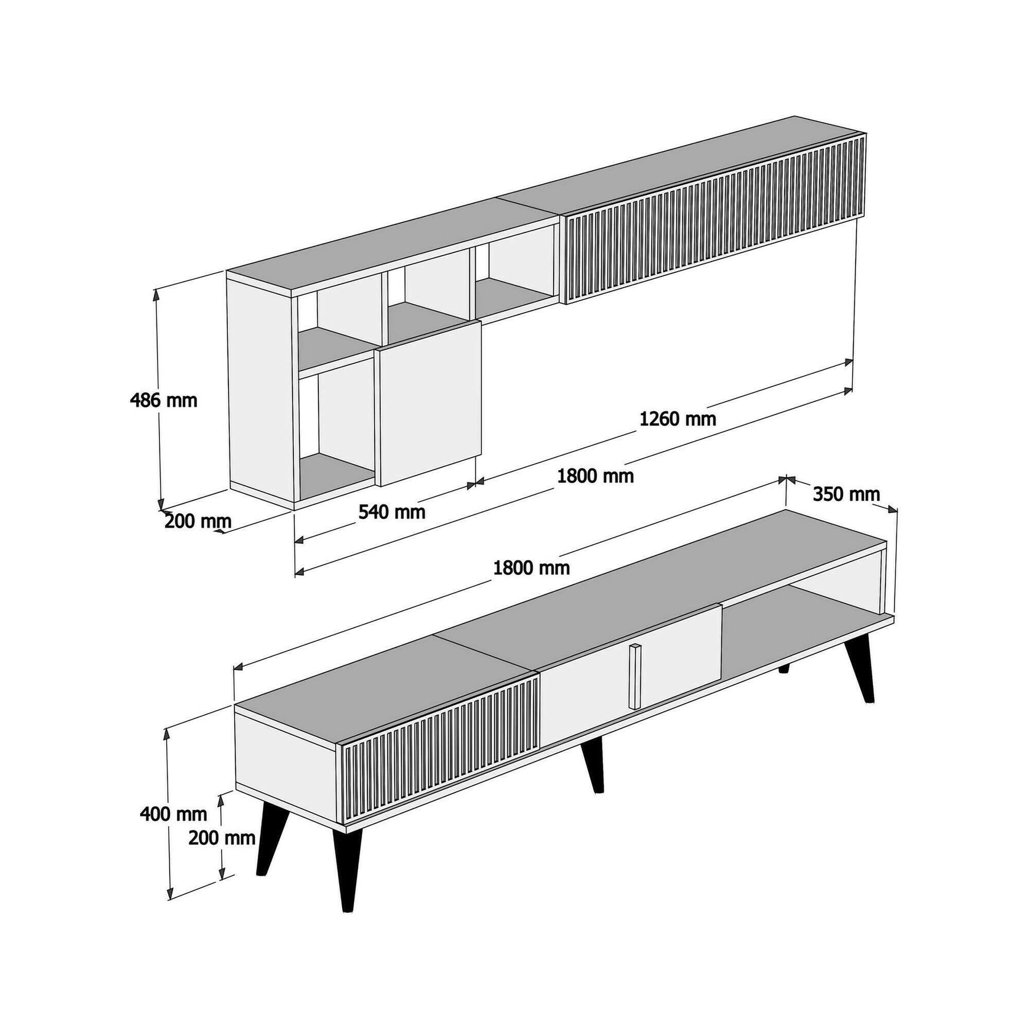 Parete attrezzata Ostro, Composizione soggiorno, Mobile salotto multiuso, Armadio porta TV, 180x35h40 cm, Noce e Bianco Marmo