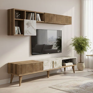 Parete attrezzata Ostro, Composizione soggiorno, Mobile salotto multiuso, Armadio porta TV, 180x35h40 cm, Noce e Bianco Marmo