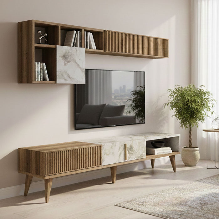 Parete attrezzata Ostro, Composizione soggiorno, Mobile salotto multiuso, Armadio porta TV, 180x35h40 cm, Noce e Bianco Marmo