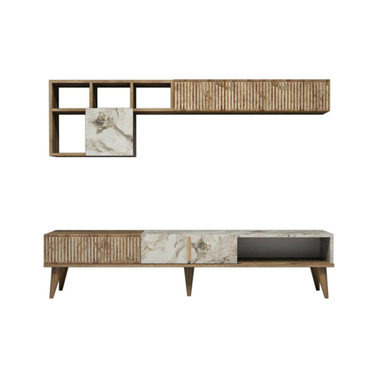 Parete attrezzata Ostro, Composizione soggiorno, Mobile salotto multiuso, Armadio porta TV, 180x35h40 cm, Noce e Bianco Marmo