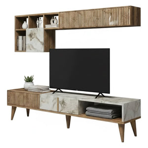 Parete attrezzata Ostro, Composizione soggiorno, Mobile salotto multiuso, Armadio porta TV, 180x35h40 cm, Noce e Bianco Marmo