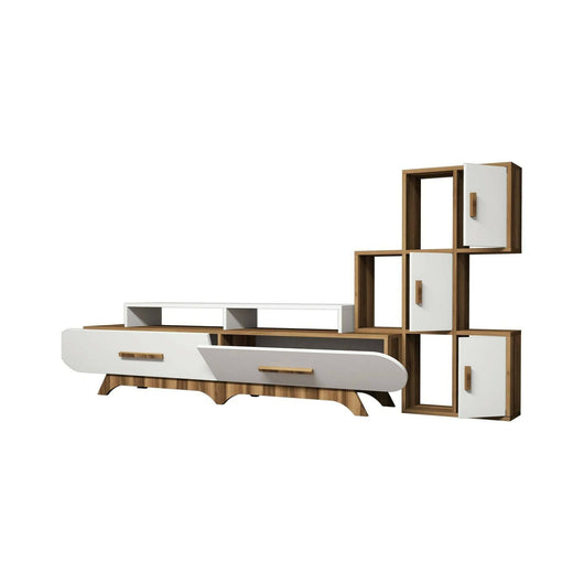 Parete attrezzata Lupo, Composizione soggiorno, Mobile salotto multiuso, Armadio porta TV, 205x37h50 cm, Noce e Bianco