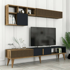 Parete attrezzata Ostro, Composizione soggiorno, Mobile salotto multiuso, Armadio porta TV, 180x35h40 cm, Noce e Antracite