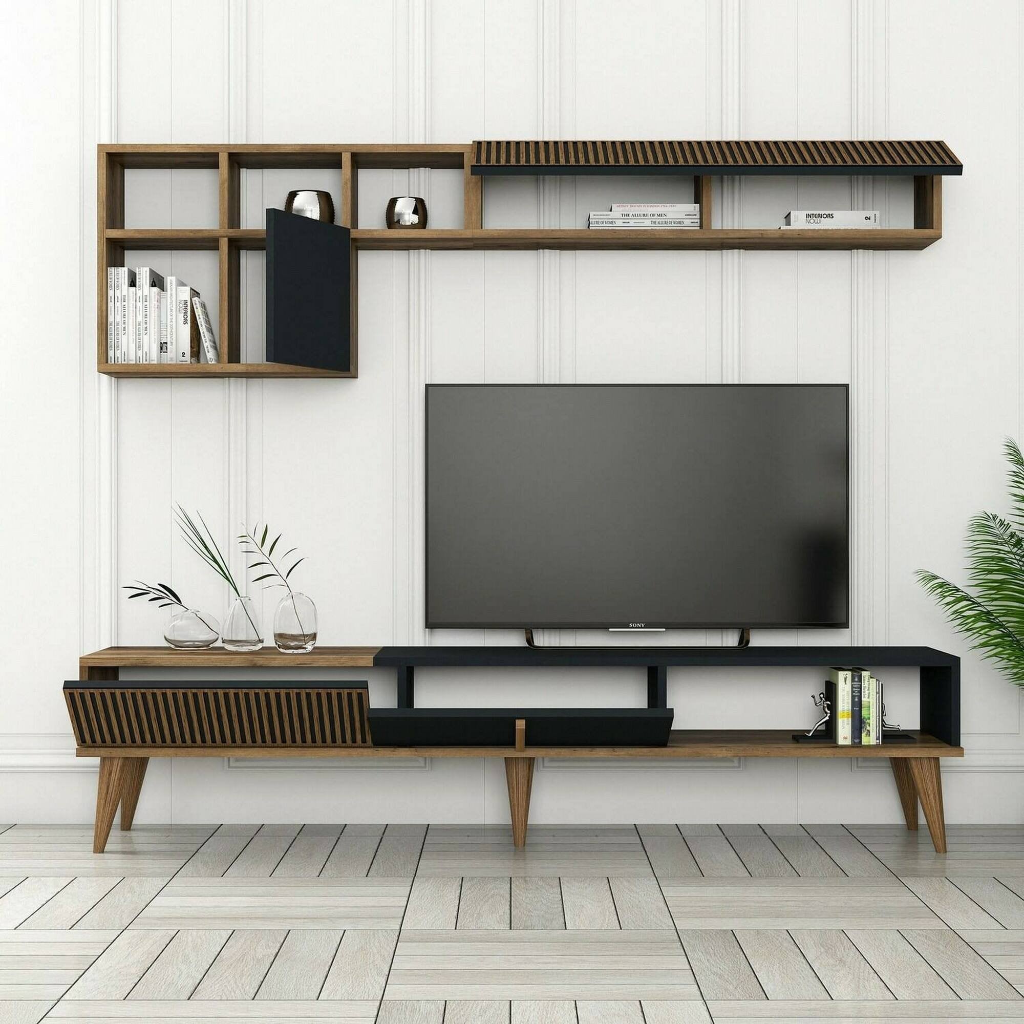 Parete attrezzata Ostro, Composizione soggiorno, Mobile salotto multiuso, Armadio porta TV, 180x35h40 cm, Noce e Antracite