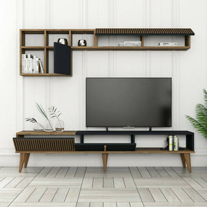 Parete attrezzata Ostro, Composizione soggiorno, Mobile salotto multiuso, Armadio porta TV, 180x35h40 cm, Noce e Antracite