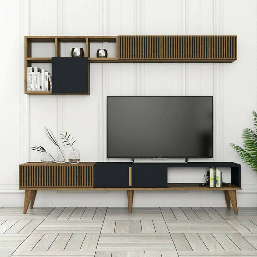 Parete attrezzata Ostro, Composizione soggiorno, Mobile salotto multiuso, Armadio porta TV, 180x35h40 cm, Noce e Antracite