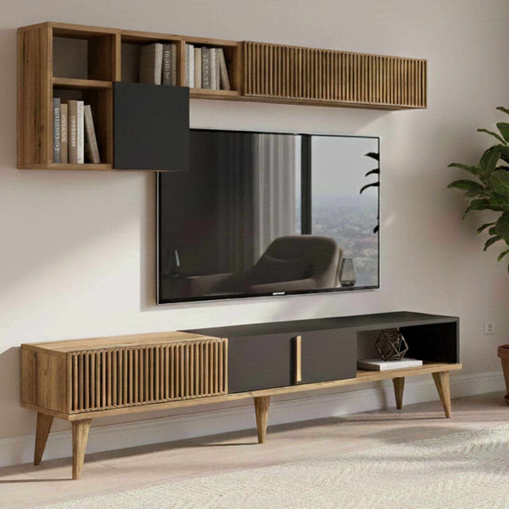 Parete attrezzata Ostro, Composizione soggiorno, Mobile salotto multiuso, Armadio porta TV, 180x35h40 cm, Noce e Antracite