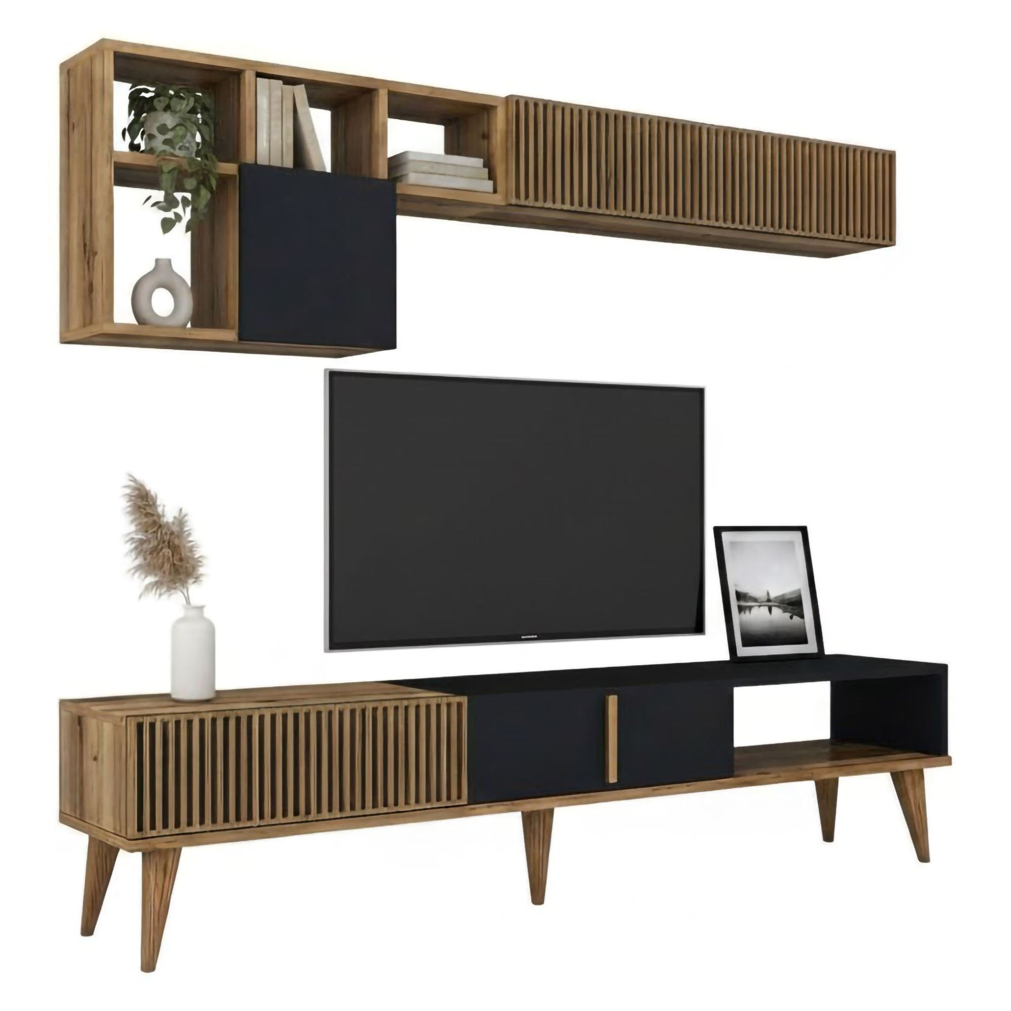 Parete attrezzata Ostro, Composizione soggiorno, Mobile salotto multiuso, Armadio porta TV, 180x35h40 cm, Noce e Antracite