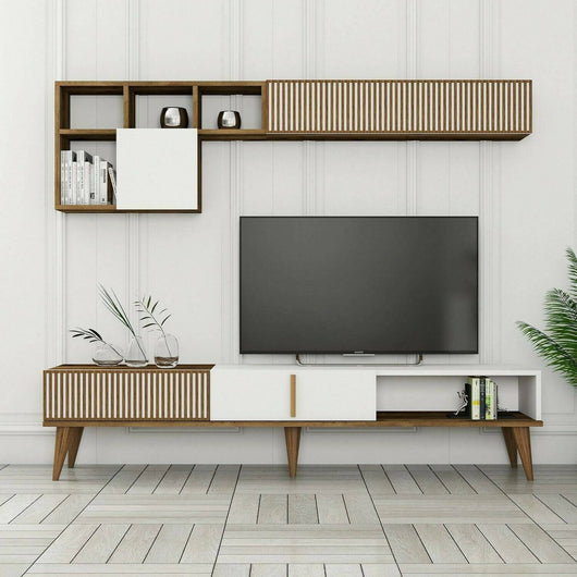Parete attrezzata Ostro, Composizione soggiorno, Mobile salotto multiuso, Armadio porta TV, 180x35h40 cm, Noce e Bianco