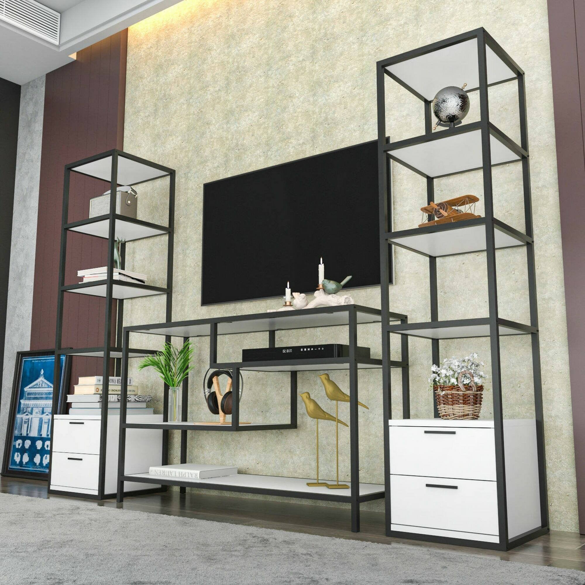 Parete attrezzata Felion, Composizione soggiorno, Mobile salotto multiuso, Armadio porta TV, 198x39h160 cm, Bianco e Nero