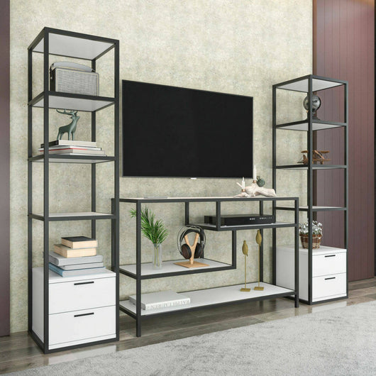 Parete attrezzata Felion, Composizione soggiorno, Mobile salotto multiuso, Armadio porta TV, 198x39h160 cm, Bianco e Nero