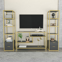 Parete attrezzata Felion, Composizione soggiorno, Mobile salotto multiuso, Armadio porta TV, 198x39h160 cm, Oro e Antracite