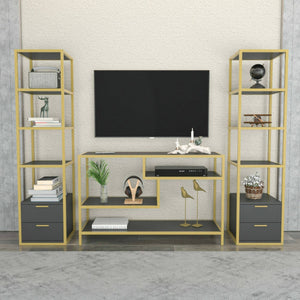 Parete attrezzata Felion, Composizione soggiorno, Mobile salotto multiuso, Armadio porta TV, 198x39h160 cm, Oro e Antracite