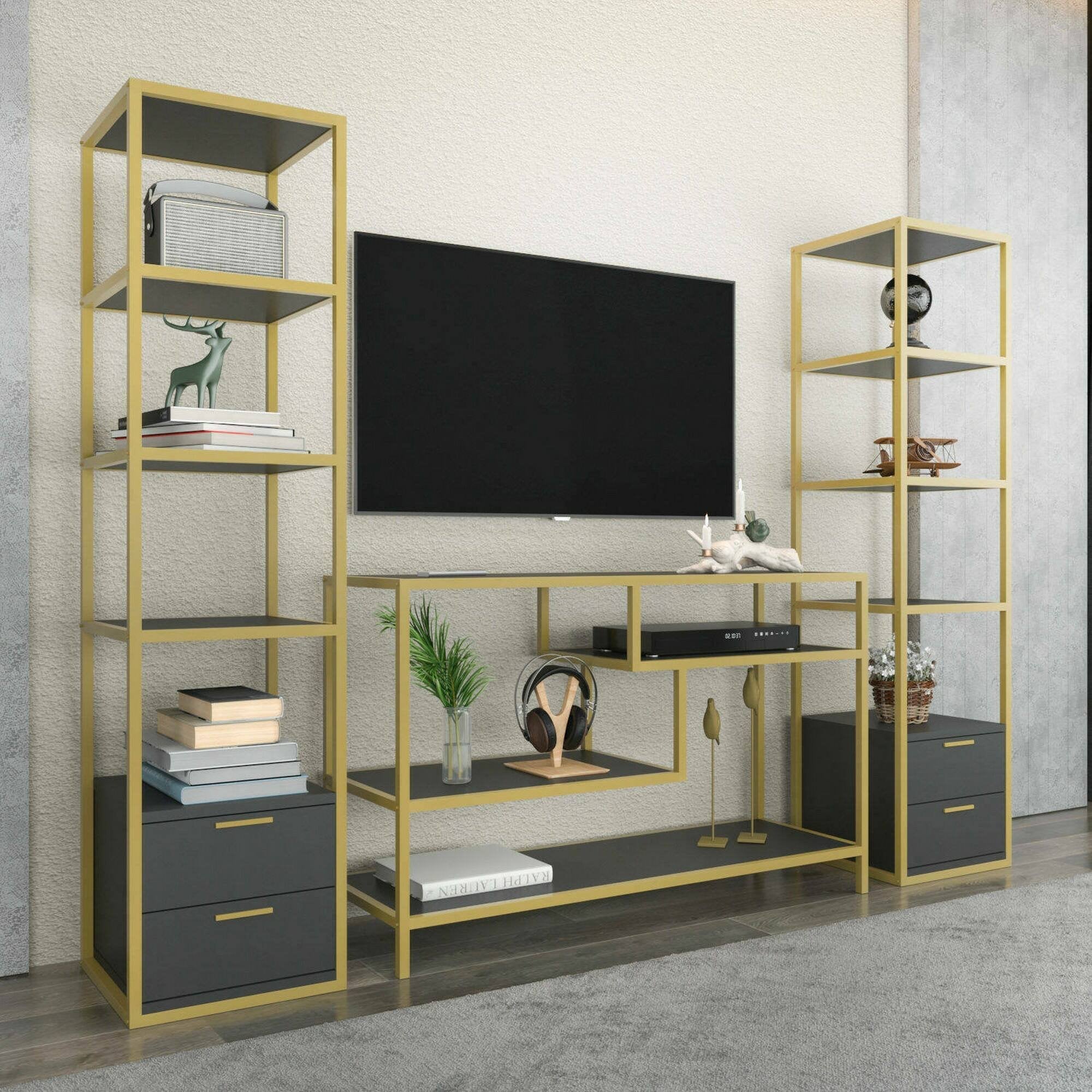 Parete attrezzata Felion, Composizione soggiorno, Mobile salotto multiuso, Armadio porta TV, 198x39h160 cm, Oro e Antracite