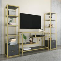 Parete attrezzata Felion, Composizione soggiorno, Mobile salotto multiuso, Armadio porta TV, 198x39h160 cm, Oro e Antracite
