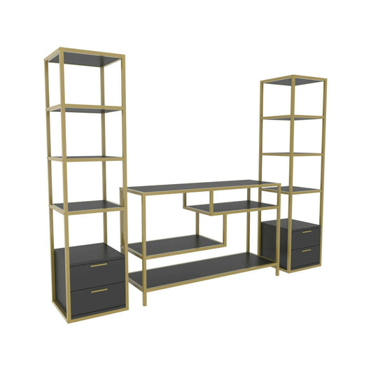 Parete attrezzata Felion, Composizione soggiorno, Mobile salotto multiuso, Armadio porta TV, 198x39h160 cm, Oro e Antracite