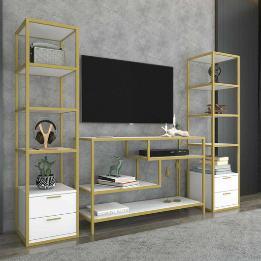 Parete attrezzata Felion, Composizione soggiorno, Mobile salotto multiuso, Armadio porta TV, 198x39h160 cm, Oro e Bianco