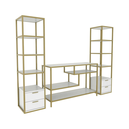 Parete attrezzata Felion, Composizione soggiorno, Mobile salotto multiuso, Armadio porta TV, 198x39h160 cm, Oro e Bianco