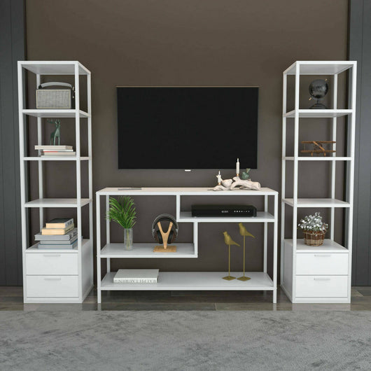 Parete attrezzata Felion, Composizione soggiorno, Mobile salotto multiuso, Armadio porta TV, 198x39h160 cm, Bianco