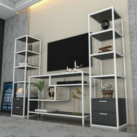 Parete attrezzata Felion, Composizione soggiorno, Mobile salotto multiuso, Armadio porta TV, 198x39h160 cm, Bianco e Antracite