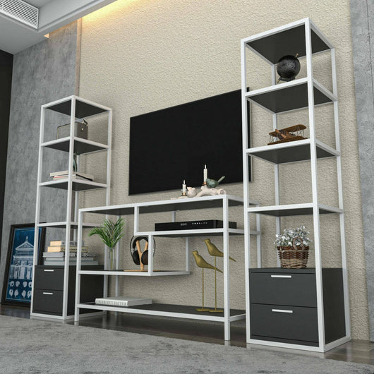 Parete attrezzata Felion, Composizione soggiorno, Mobile salotto multiuso, Armadio porta TV, 198x39h160 cm, Bianco e Antracite