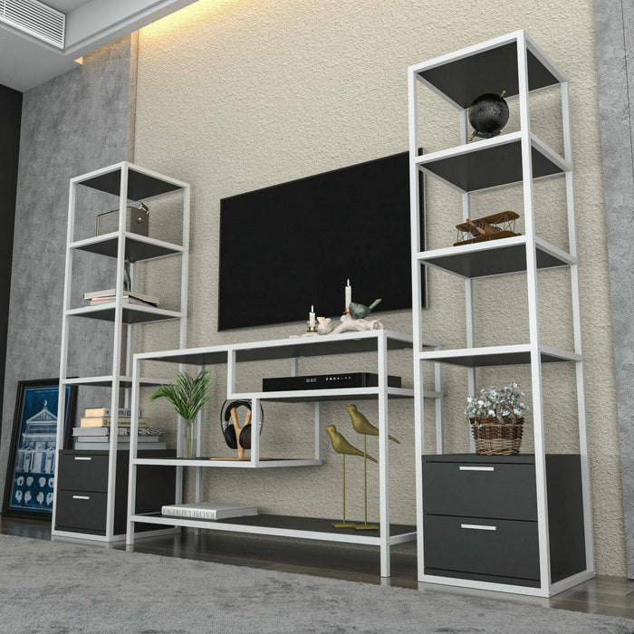 Parete attrezzata Felion, Composizione soggiorno, Mobile salotto multiuso, Armadio porta TV, 198x39h160 cm, Bianco e Antracite