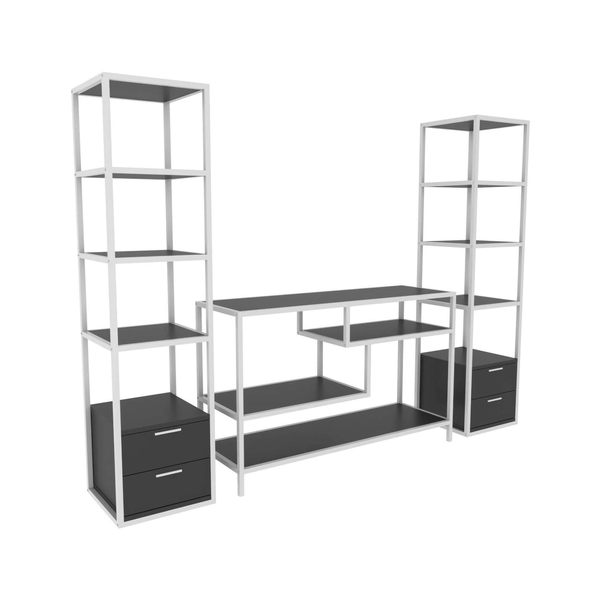 Parete attrezzata Felion, Composizione soggiorno, Mobile salotto multiuso, Armadio porta TV, 198x39h160 cm, Bianco e Antracite