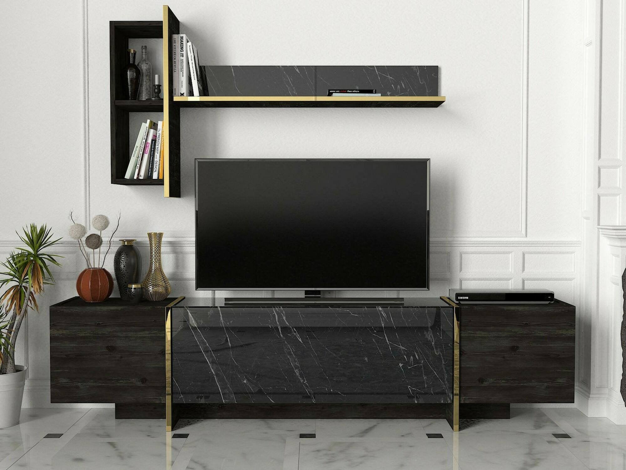 Mobile porta TV Beinasco, Credenza da soggiorno, Armadio basso per TV, Base parete attrezzata, 180x32h45 cm, Nero e Oro