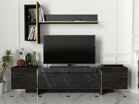Mobile porta TV Beinasco, Credenza da soggiorno, Armadio basso per TV, Base parete attrezzata, 180x32h45 cm, Nero e Oro