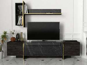 Mobile porta TV Beinasco, Credenza da soggiorno, Armadio basso per TV, Base parete attrezzata, 180x32h45 cm, Nero e Oro