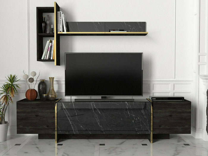 Mobile porta TV Beinasco, Credenza da soggiorno, Armadio basso per TV, Base parete attrezzata, 180x32h45 cm, Nero e Oro
