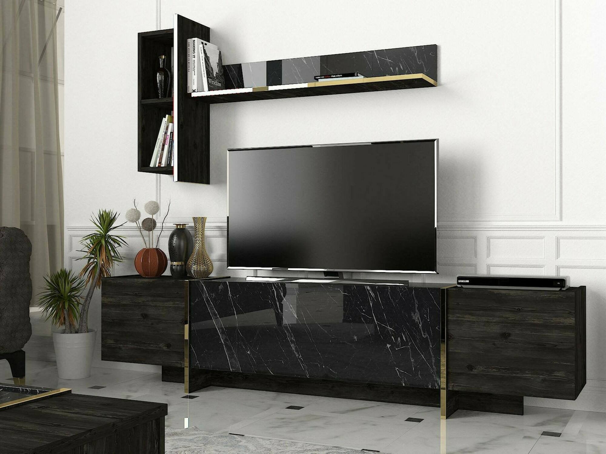 Mobile porta TV Beinasco, Credenza da soggiorno, Armadio basso per TV, Base parete attrezzata, 180x32h45 cm, Nero e Oro