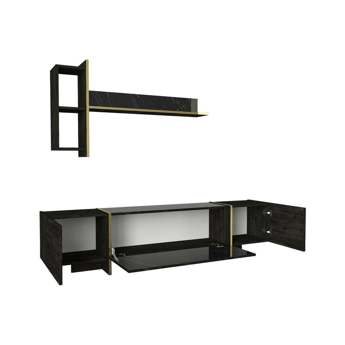 Mobile porta TV Beinasco, Credenza da soggiorno, Armadio basso per TV, Base parete attrezzata, 180x32h45 cm, Nero e Oro