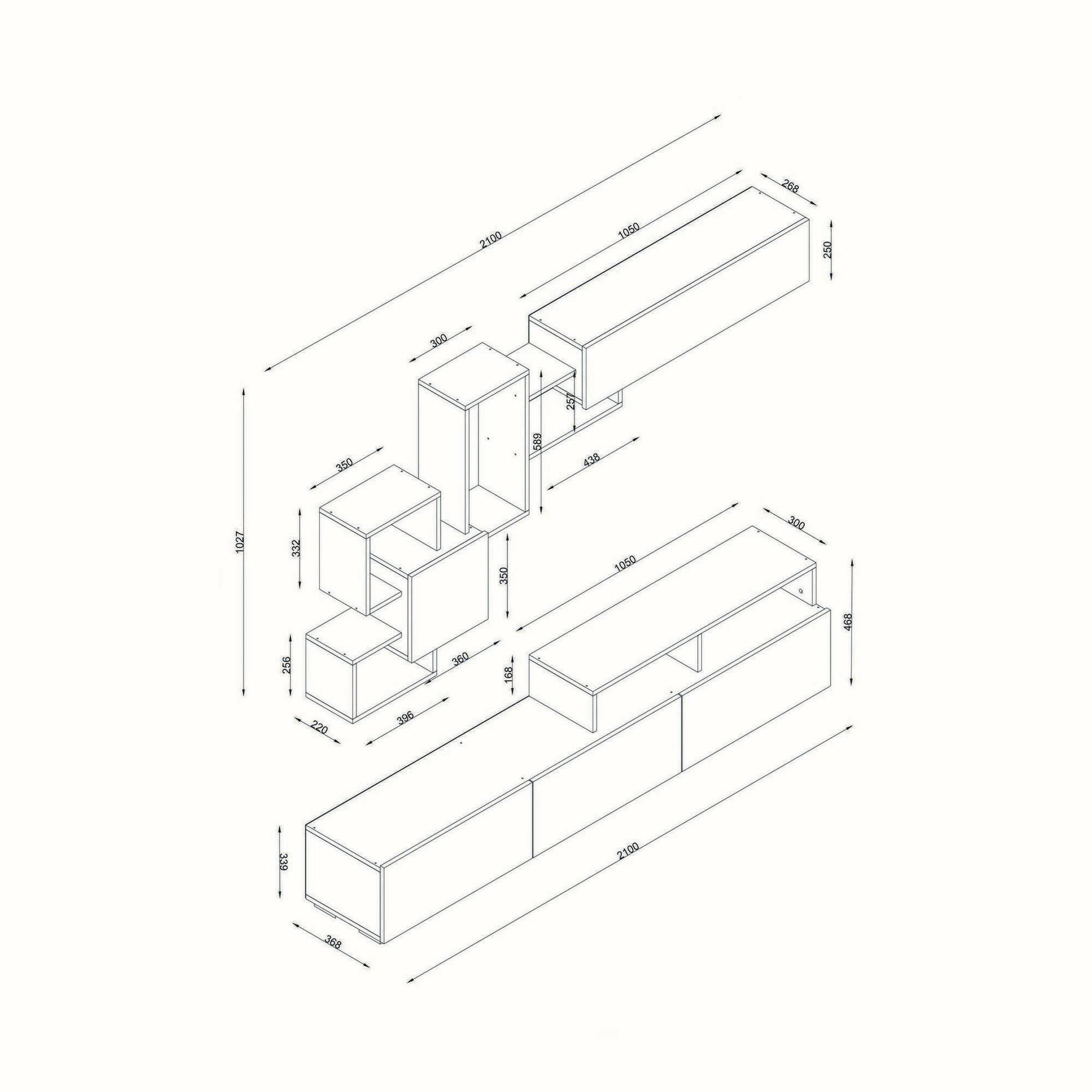 Parete attrezzata Acquifero, Composizione soggiorno, Mobile salotto multiuso, Armadio porta TV, 210x37h47 cm, Bianco e Noce